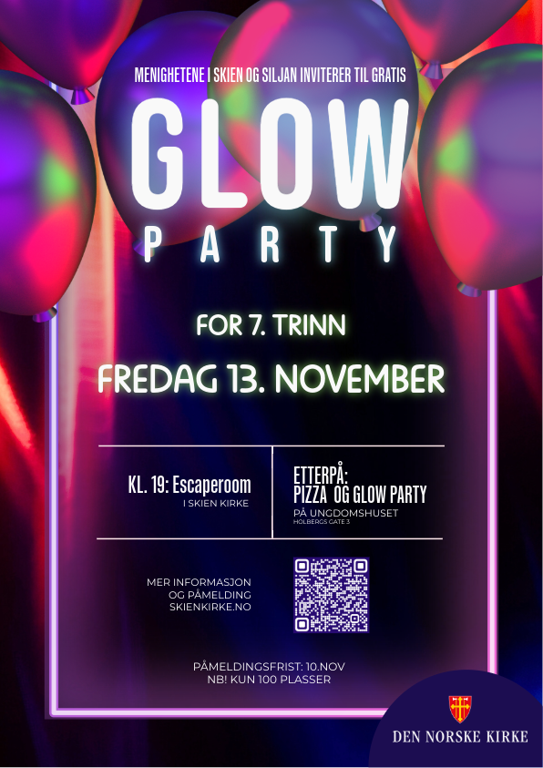 Bilde av ballonger, og informasjon om arrangementet Glow og kino i Skien kirke